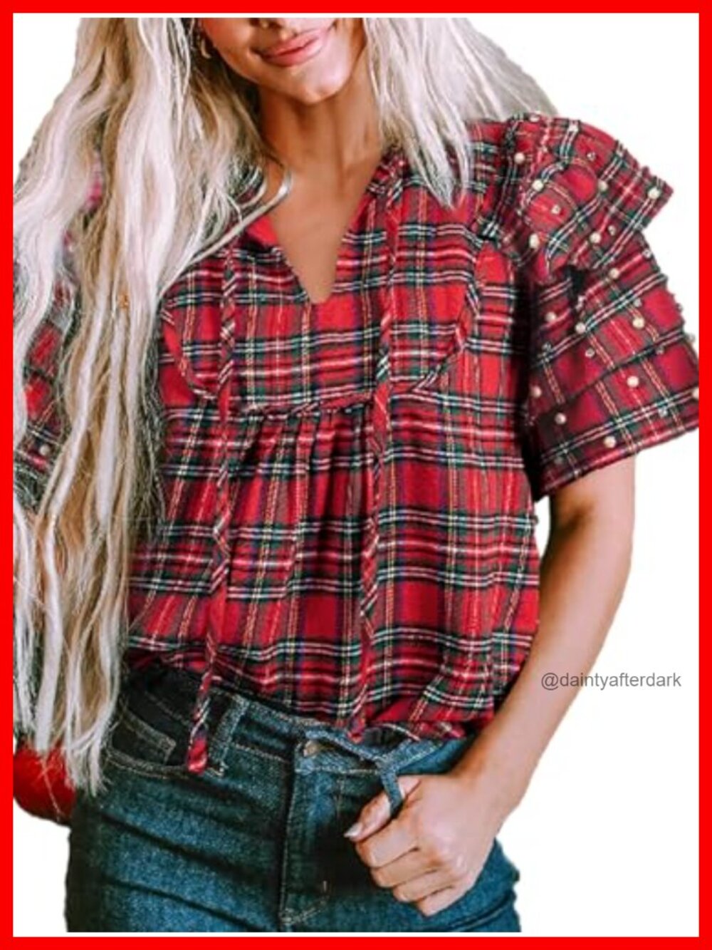 Plaid Pearl Ruffle Sleeve V Neck Loose Casual Tee